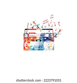 Retro style radio in rainbow colors isolated on white background. Vintage radio receiver with musical notes and hummingbirds. Vector illustration