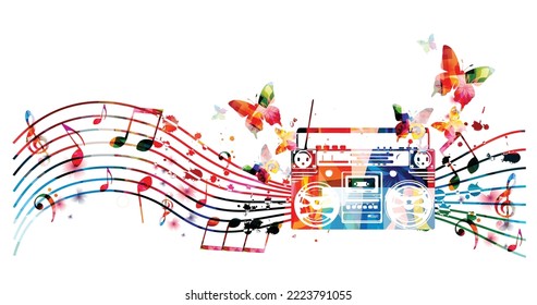 Retro style radio in rainbow colors isolated on white background. Vintage radio receiver with musical notes staff and butterflies. Vector illustration