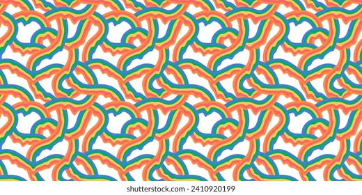 Retro style rainbow seamless pattern with pastel color stripes. Vintage psychedelic wave cartoon background. Trendy hippie stripe print illustration.