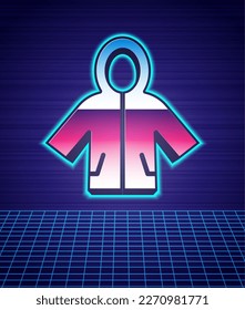 Retro style Raincoat icon isolated futuristic landscape background. 80s fashion party. Vector