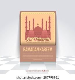 Retro Style Ramadan Kareem Flyer, Brochure, Cover - Islamic Holy Month Concept Vector Background - Arabic "Eid Mubarak", "be Blessed" at English
