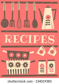 Retro style recipe card with kitchen items.