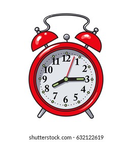 Retro style red analog alarm clock, hand drawn sketch style vector illustration isolated on white background. Realistic hand drawing of red analog retro, vintage alarm clock with two bells