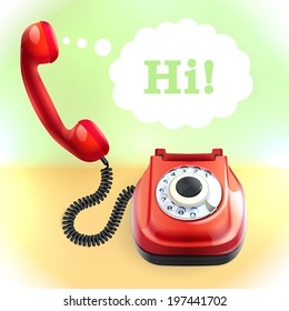 Retro style red color telephone with wire connection background vector illustration