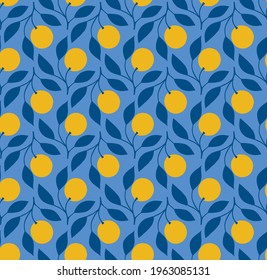 Retro Style Repeat Pattern With Fruit On Branch Motifs. Yellow Citrus Fruit In A Seamless Repeat Patten.