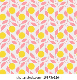 Retro Style Repeat Pattern With Fruit On Branch Motifs. Yellow Citrus Fruit In A Seamless Repeat Patten. Yellow Fruit and Pink Leaves Vector Design.