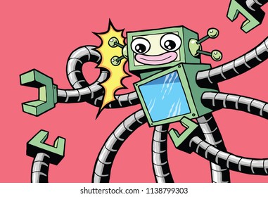 Retro style robot with arms, isolated vector character