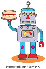 Retro style robot with cake cartoon vector illustration