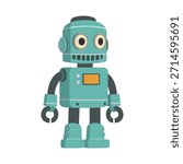 Retro style robot standing full body illustration with big eyes and screen on chest