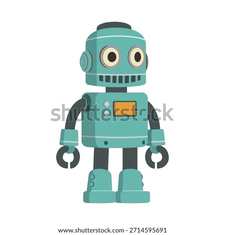 Retro style robot standing full body illustration with big eyes and screen on chest