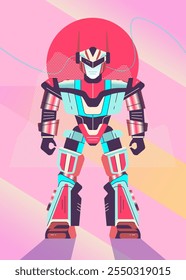 Retro Style Robot Warrior with Protective Armor in Geometric Art on Pink Background