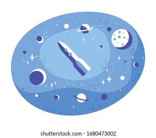 Retro style rocket in space surrounded by a planets and stars vector illustration isolated on white.