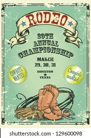 Retro style Rodeo Championship poster with cowboy stuff, ribbon banner and sample text on it. Text and grunge effect are removable