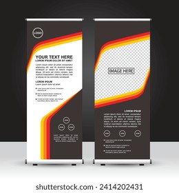 Retro style Roll Up Banner template. Black, red and orange color combination. Standing banner design, advertisement, flyer and display. Vector Design.