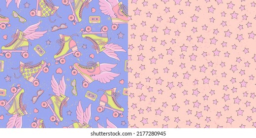 Retro style roller skates with and without wings. Vanilla delicate colors. Children's style. A set of two seamless patterns.