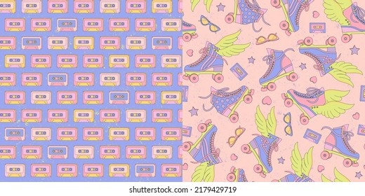 Retro style roller skates with and without wings. Multicolored audio cassettes. Delicate vanilla colors. Children's style. A set of two seamless patterns.