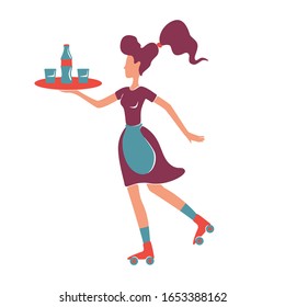 Retro style roller waitress serving flat color vector faceless character. Female old fashioned restaurant waiter on rollerskate holding tray with alcohol drinks isolated cartoon illustration