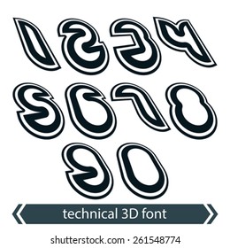 Retro style rounded numeration, technical 3D numbers, contemporary shift geometric symbols.