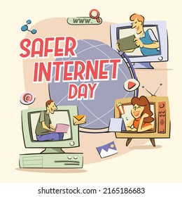 Retro style of safer internet day internet activities vector. Internet day vector.