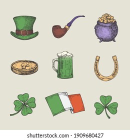 Retro Style Saint Patricks Illustrations Collection. Hand Drawn Leprechaun Hat, Coins, Shamrock, Irish Flag, and Beer Sketch Symbols or Icons Set. Irish Holiday Emblems Bundle. Isolated.