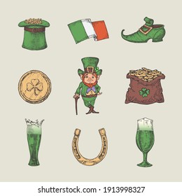 Retro Style Saint Patricks Illustrations Collection. Hand Drawn Leprechaun, Horse Shoe, Coins, Shamrock, Irish Flag, and Beer Sketch Symbols or Icons Set. Irish Holiday Emblems Bundle. Isolated.