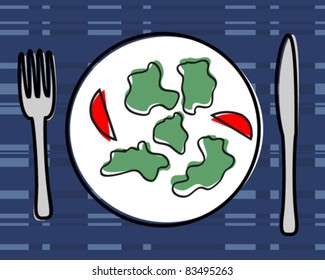 Retro Style Salad Plate with Fork and Knife - Vector Illustration