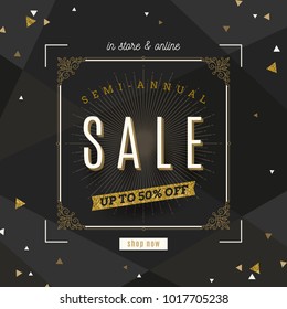 Retro style Sale banner with ornamental flourishes frame and glitter gold elements. Vector illustration.