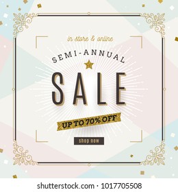 Retro style Sale banner with ornamental flourishes frame and glitter gold elements. Vector illustration.
