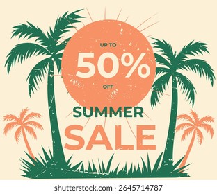 Modelo de pôster de venda estilo retro com mão desenhada verde e rosa palmeiras, grama, e texto de desconto. Ilustração vetorial, perfeita para promoções de verão, anúncios, janelas de loja e design de mídia social