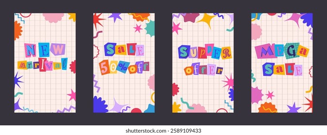 Retro style sales set for social media. Vertical template collection for business special discount events. Vintage 90s style store vector banner design with cutout letters and trendy shapes, doodles