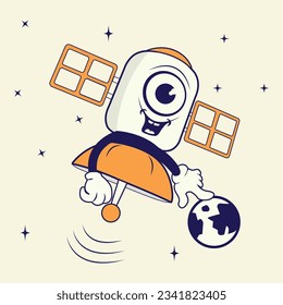 Retro style satellite character illustration, happy face satellite, funny vector illustration