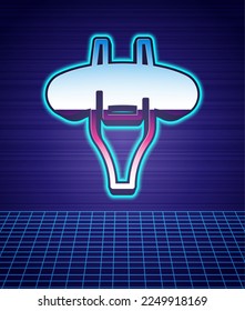 Retro style Sausage on the fork icon isolated futuristic landscape background. Grilled sausage and aroma sign. 80s fashion party. Vector