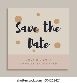 Retro style "Save The date" invitation card design template with scattered dots on cream background. Brush painted calligraphic letters. Customizable decorative postcard layout. Cute concept.
