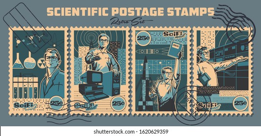 Retro Style Scientific Postage Stamps, Scientists and Engineers, Stamp Imprints