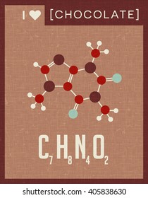 Retro style scientific poster of the molecular formula and structure of chocolate. For posters, social media, decor, print. Vector illustration.