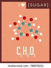 Retro style scientific poster of the molecular formula and structure of sugar. For social media, posters, decor, print. Vector illustration.