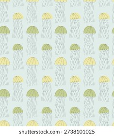 Retro style sea pattern with jellyfish. Vintage seamless summer print.
Summer sea seamless pattern with gold jellyfish tiles
Seamless sea pattern with jellyfish. Tile texture with medusa. Underwater pattern. Editable.
