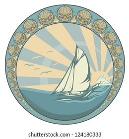 retro style sea voyage vector design - sailing yacht circle label