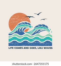 Retro Style Sea Wave Graphic with Inspirational Quote and Sunset