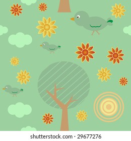 Retro style seamless background with tree, sun, clouds, flowers and birds
