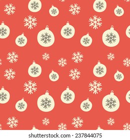 Retro style seamless Christmas pattern with baubles and snowflakes in orange, white and brown.
