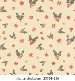 Retro style seamless Christmas pattern with holly leaves in orange and brown.