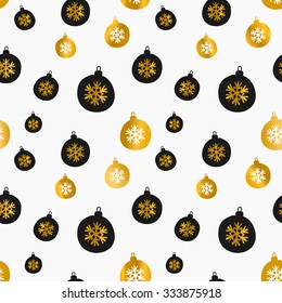 Retro style seamless Christmas pattern with baubles in black and gold on white background.