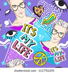 Retro style seamless colorful pattern. 80s fashion, 80s print. Memphis design elements and pretty fashion boys. Pop-art. Eighties style graphic template. East editable vector artwork.