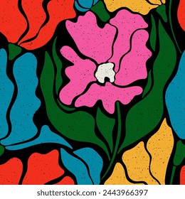 Retro style seamless floral pattern. Groovy colorful background with abstract plants silhouette. Poppies flowers. Vintage texture with tulips. Decorative simple botanical pattern with grainy texture