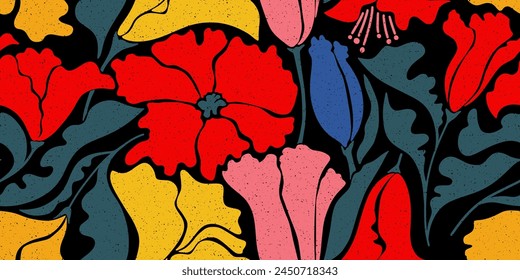 Retro style seamless floral pattern. Groovy colorful background with abstract plants silhouette. Poppies flowers. Vintage texture with tulips. Decorative simple botanical pattern with noisy texture