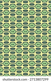 Um padrão geométrico sem emenda estilo retro com ovais interligadas em tons de verde e amarelo.