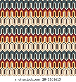  Retro style seamless geometric pattern with wavy zigzag lines. Repetitive vector background in blue, brown, and ocher tones for fabrics and graphic design projects
