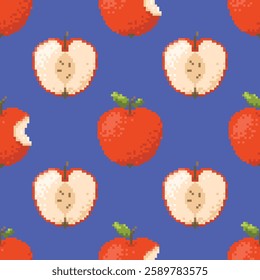 Retro style seamless pattern with apples. Pixel fruit repeating ornament. 8 bit bright background