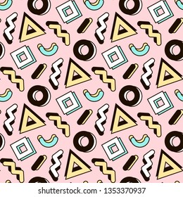 Retro style seamless pattern of bright, stylized geometric shapes.